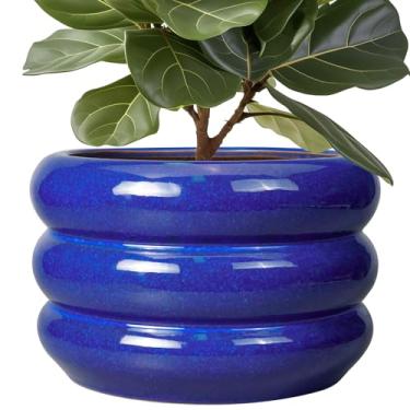 Imagem de SQOWL Vaso de cerâmica 13,5 polegadas - Vaso grande para plantas ao ar livre, vaso de flores redondo interno com orifício de drenagem, plantador decorativo, decoração de casa moderna, azul