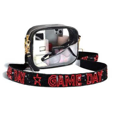 Imagem de Bolsa transparente para eventos de estádio dia de jogo bolsa transparente com alça de contas, bolsa transversal transparente aprovada para estádio para esportes, Preto, vermelho