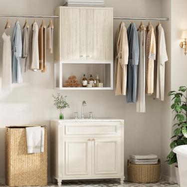 Imagem de Homieasy Armário de parede com 2 varões para pendurar, armário de parede para lavanderia de 167 cm de largura com 2 portas, rack aberto e prateleira interna ajustável, armário de armazenamento montado