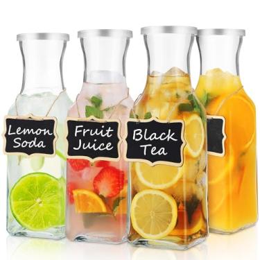 Imagem de Garrafa de vidro com tampa, 4 unidades de recipientes quadrados de suco de vidro transparente de 1 litro para bebidas, água fria, suco, leite, chá gelado, vinho, lava-louças