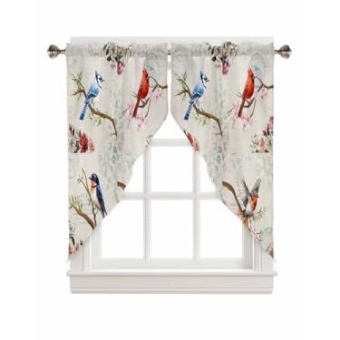 Imagem de Cortinas de saia Swag, arte pastoral vintage de pássaros e flores, 2 painéis, bolsos de varão, coberturas de janela de cozinha, decoração curta para sala de estar quarto, 91 cm x 91 cm