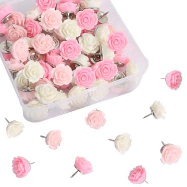 Imagem de Vuzvuv 60 alfinetes de flor rosa rosa branca e creme com cor gradiente para quadro de avisos, tachinhas decorativas fofas broches de flores para escola, escritório