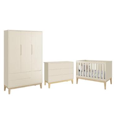 Imagem de Dormitório Completo Infantil Classic 3 Portas, Cômoda 6 Gavetas e Berço com Pés Madeira Natural - Reller Móveis Areia Fosco