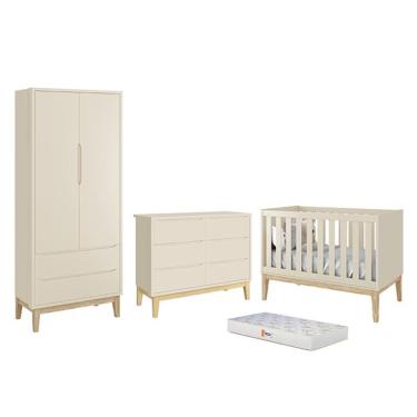 Imagem de Dormitório Completo Infantil Classic 2 Portas, Cômoda 6 Gavetas, Berço com Pés Madeira Natural e Colchão D18 - Reller Móveis Areia Fosco