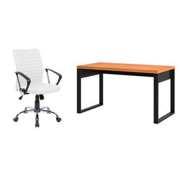 Imagem de Conjunto de Mesa Anah Freijó e Preta com Cadeira de Escritório Diretor Giratória Oslo Branca