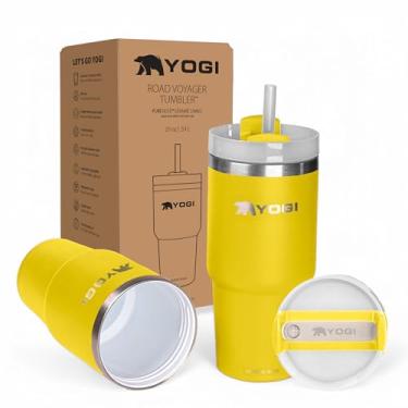 Imagem de YOGI Copo forrado de cerâmica com canudo e tampa, caneca de viagem de aço inoxidável e copo de água, copo selado a vácuo - Limoncello de 590 ml