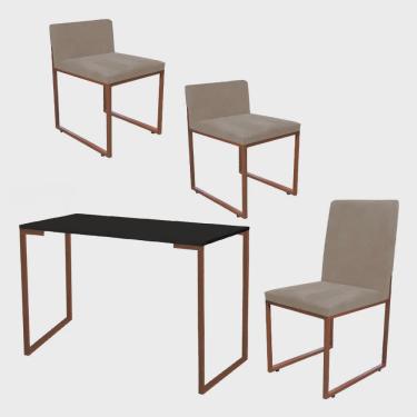 Imagem de Kit Mesa Escrivaninha com Cadeira Stan e 2 Poltronas Lee Tampo Preto Ferro Bronze Corino Bege - Ahz Móveis