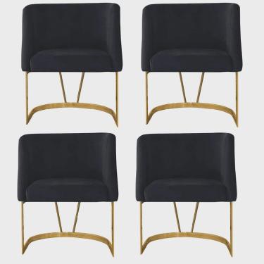 Imagem de Kit 04 Poltrona Cadeira Aurora Luxo Confort Industrial Ferro Dourado Veludo Preto - Ahz Móveis