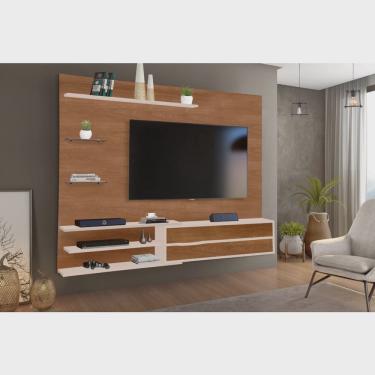 Imagem de Painel para TV 60 Polegadas Verona 1 Porta Basculante 2 Prateleiras em Vidro Cor Mel com Off White - Rud Rack