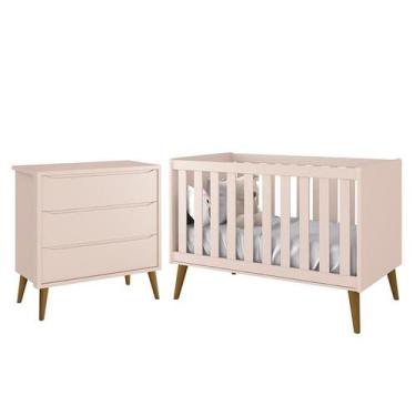 Imagem de Jogo de Quarto Infantil Theo Retrô Cômoda 3 Gavetas e Berço Rosa com P