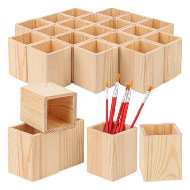 Imagem de IHDYPPEW Pacote com 24 porta-lápis quadrado de madeira inacabado, porta-copos de madeira de 7,6 x 7,6 x 10,6 cm, copo de lápis de artesanato de madeira para mesa, escritório, projeto faça você mesmo