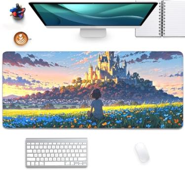 Imagem de Tapete de rato de desenho animado fofo fantasia castelo céu flores crianças tapete de rato estendido, bordas costuradas base de borracha antiderrapante XL tapete de rato tapete de mesa para escritório