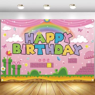Imagem de Pano de fundo para fotografia de feliz aniversário com tema de princesa rosa, fundo de videogame, 1,5 x 0,9 m, faixa para fotos, adereços para crianças, meninas, meninos, aniversário, chá de bebê