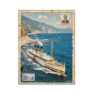 Imagem de Impressão em tela vintage de navio a vapor italiano vintage - Carimbo de papel envelhecido 80 x 104 cm