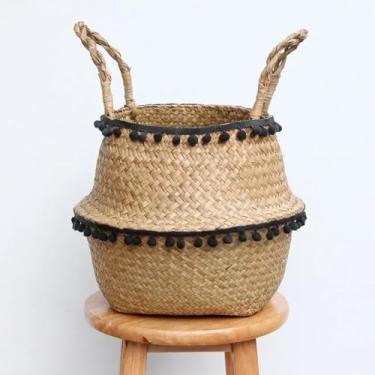 Imagem de PY3H69 Cesta de armazenamento de algas marinhas cesta de lavanderia de renda cesta de flores de vime natural organizador de brinquedos de palha preto e branco (preto 3,32 x 28 cm)