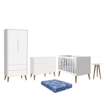 Imagem de Dormitório Theo 2 Portas, Cômoda 6 Gavetas, Berço, Mesa de Canto Branc