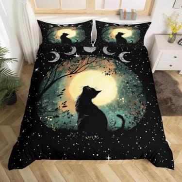 Imagem de Capa de edredom de gato preto, lua amarela, céu estrelado, galáxia, para crianças, adolescentes e adultos, capa de edredom com silhueta de animais misteriosos com 2 fronhas (sem edredom), tamanho