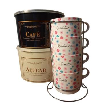 Imagem de Conjunto de Xícaras Empilháveis AMOR, 4 Peças de 200ml, com Flores, Suporte em Aço Inox