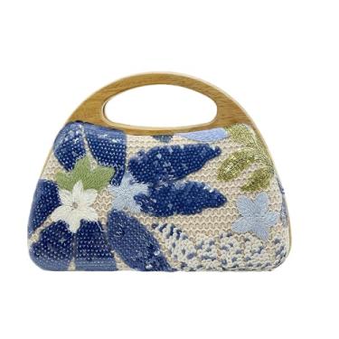 Imagem de Bolsa clutch de lantejoulas para mulheres, bolsa noturna bordada floral azul com base de madeira, alça superior e corrente removível, Azul, 6.5" W x 9" L x 3.5" H