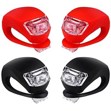 Imagem de Malker – Conjunto de lanterna de bicicleta de silicone frontal e traseiro – farol e lanterna traseira, à prova d'água e de segurança, luzes de mountain bike, pilhas incluídas, pacote com 4, 2pcs Red & 2pcs Black, 5.1 x 2.1 x 1.5 inches
