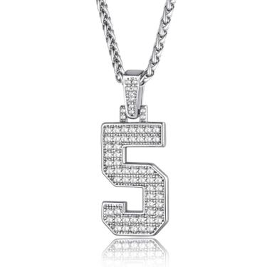 Imagem de KeyStyle Colares de números para homens, colar de corrente com números iniciais brilhantes pingente de diamante simulado hip hop com corrente de strass corrente Spiga, 56+5cm(22''+2''), Zircônia cúbica Banhado a platina Zircônia cúbica, Zircão