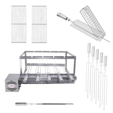 Imagem de Kit Churrasqueira Gira Grill Inox 5 Espetos com 2 Grelhas Auxiliares, 