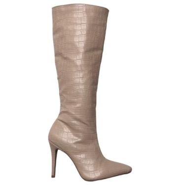Imagem de Bota feminina cano alto salto fino croco bege/caramelo - Taty Morena c