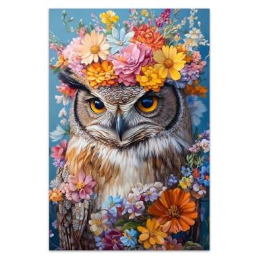 Imagem de Bvkilrvc Arte de parede com impressão em tela sem moldura, coruja encantadora e flores, arte de parede moderna, presente para escritório, sala de estar, quarto, decoração de casa, pintura sem moldura
