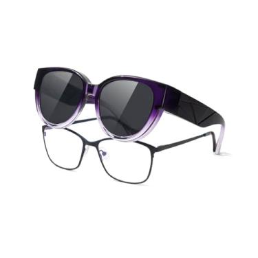 Imagem de Meeloog Óculos de sol femininos Fit Over Glasses Designer Round Cateye Polarizados Go Over Glass Proteção UV400 MST0188, Lente cinza com armação roxa gradiente, Medium