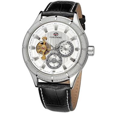 Imagem de Forsining Relógio mecânico masculino automático com pulseira de couro clássica com mostrador analógico, Preto, Clássico