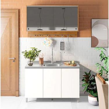 Imagem de Cozinha Compacta Bartira 5 Portas E 3 Prateleiras Amazonita Damasco Com Branco