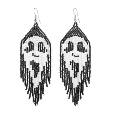 Imagem de HZMAN Brincos femininos com contas de acrílico Boho máscara facial fantasma borla longa pingente brincos de franja brinco de Halloween joia presente, Acrílico, Sem pedra preciosa