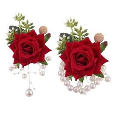 Imagem de IUTZCAXU Conjunto de corpete e flor na lapela rosa vermelha com detalhes de pérola para noivas e noivas florais para casamento, formatura, dama de honra, padrinho