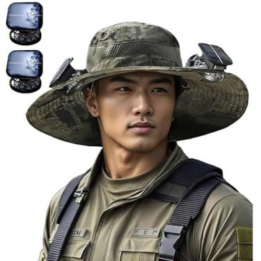 Imagem de Chapéu solar de 2/4 ventiladores - carregamento/solar - FPS 50+ aba larga, carregamento USB/solar, resfriamento de 3 velocidades para atividades ao ar livre, pesca, caminhadas, Verde tinta com 4