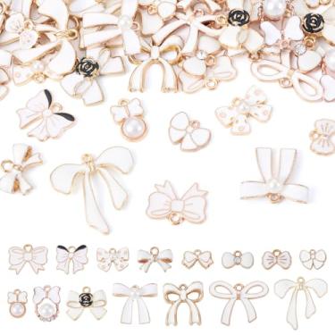 Imagem de Spritewelry Berloques de laço branco, liga esmaltada, laço, berloques, variados, metal, pérola, flor, laços, gravata romântica para dia dos namorados, pingentes florais para fazer joias, colar