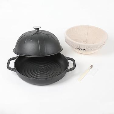Imagem de HAWOK Cast Iron Bread Oven with Cloche Lid, Dia. 9.8inch/25cm, with Proofing Basket Dough Scoring Knife, Sourdough Baking Pan, Pre-seasoned Black