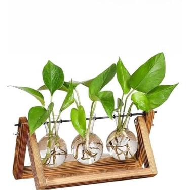 Imagem de Conjunto de 3 Vasos de Vidro Decorativos com Suporte de Madeira e Metal, Decoração para Mesa de Escritório, Cozinha, Sala