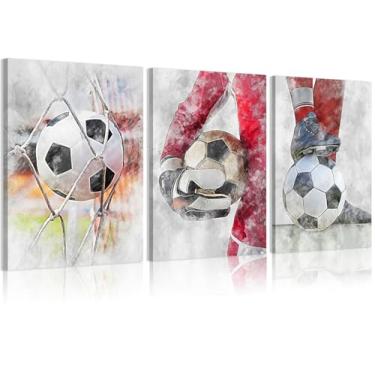 Imagem de YOXORDQ Pintura em tela de futebol 3 peças, arte de parede, impressão de pôster de futebol infantil, imagem vermelha de futebol para quarto de bebê, decoração de parede 30,5 x 40,6 cm emoldurada