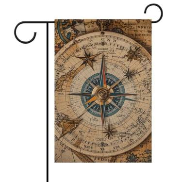 Imagem de Bússola e mapa do velho mundo bandeira de jardim floral 30 x 45 cm dupla face externa, aniversário casamento quintal bandeira ao ar livre para família sobrenome inicial jardim decoração ao ar livre