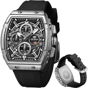 Imagem de OLEVS Relógio masculino para negócios, cronógrafo, quadrado, quartzo, analógico, masculino, pulseira de silicone, impermeável, presente de data, relógio masculino prata, relógio preto prateado