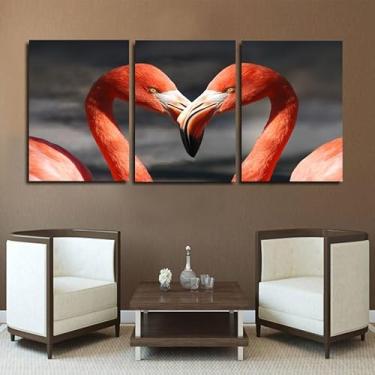 Imagem de Quadro Decorativo em Canvas, Flamingos Rosa, Painel 3 Peças, Impressão Digital HD