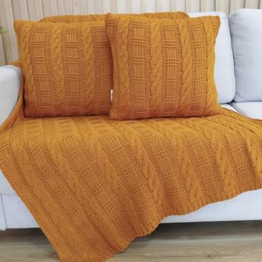 Imagem de Kit Manta Tricot Luxo 150x90cm + 2 Almofadas com Enchimento | Zíper Invisível | Fibra Siliconada | Sofá Sala | Xale Decorativo Elegante d05 (Dourado Linhaça)