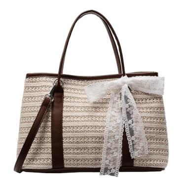 Imagem de Lryusca Bolsa feminina de palha de praia - Bolsa de ombro de palha de verão para férias, viagens, compras, trabalho e jantar, Bege, Large