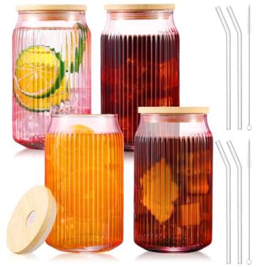 Imagem de Tiangrid Conjunto de 4 copos de vidro com nervuras rosa com tampas e canudos, xícaras de café gelado de 473 ml, conjunto de vidro vintage canelado para chá, café gelado, cerveja, uísque de coquetel