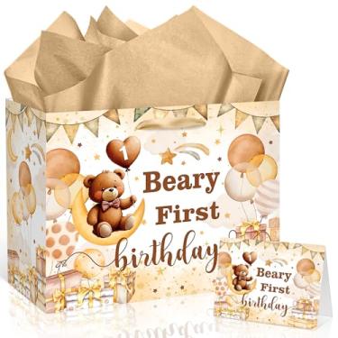 Imagem de Beary Decorações de primeiro aniversário, sacos de presente de 1º aniversário Beary com alça de fita de papel de embrulho para meninos e meninas crianças urso fofo para chá de bebê, lembrancinhas de