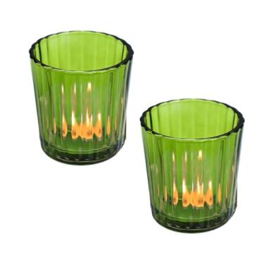 Imagem de 2 peças de castiçais votivos, suporte de vela de vidro verde, suporte de vela tealight canelado, castiçais vintage a granel para casamento, feriado, festa. Aniversário, decoração de mesa de jantar