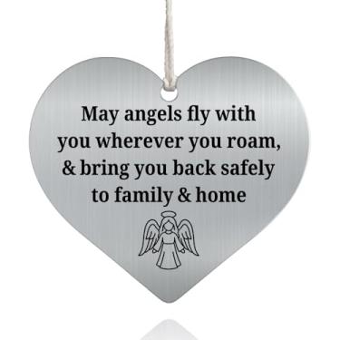 Imagem de XQLZY May Angels Fly with You Wherever You Roam & Bring You Back Safely to Family & Home Berloque de carro com espelho retrovisor de aço inoxidável, presente de anjo da guarda para homens, mulheres