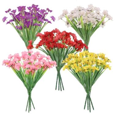 Imagem de ORNAROVI 20 pacotes de flores artificiais resistentes a UV, flores realistas de seda para ambientes externos, 5 cores de plantas artificiais para jardim, plantas falsas para decoração de varanda e