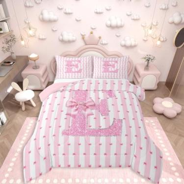 Imagem de Erosebridal Conjunto de edredom com laço rosa, alfabeto, tamanho solteiro, para crianças, adolescentes, adultos, mulheres, decoração de quarto, laço e glitter, edredom de princesa sonhadora