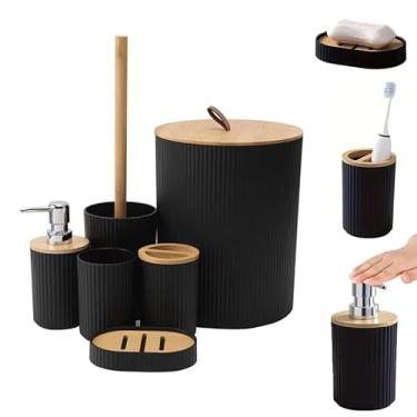 Imagem de Kit Banheiro Premium 6 Peças, Preto com Detalhes em Bambu, Porta Sabonete, Porta Escova, Copo, Suporte Sabonete, Escova Sanitária, Lixeira